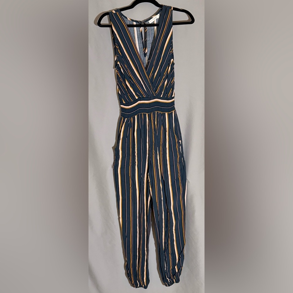 Chic V-Neck Striped Jumpsuit - Navy and Beige